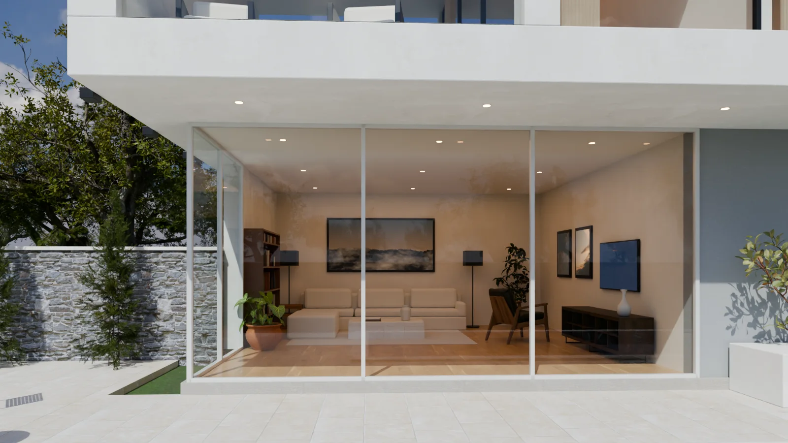 A modern house rendered in Blender, seen from the garden